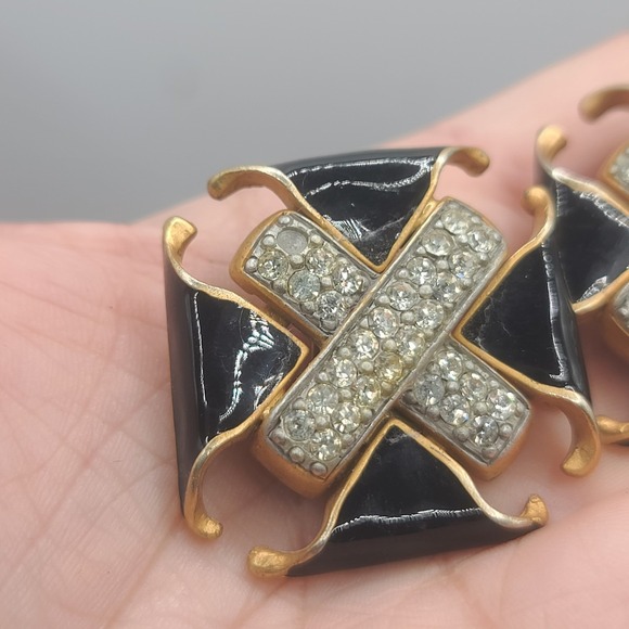 Vintage‎ David Dubin Earrings Runway Rhinestone Enamel Gold Tone Clip Ons Heavy